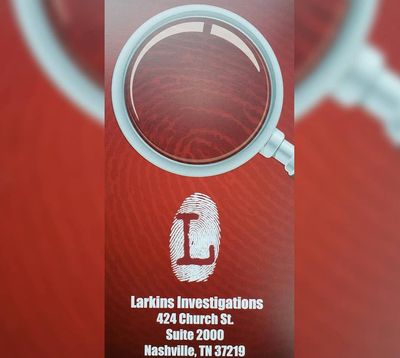 A photo of the Larkins logo reading the address 424 Church St Suite 2000, Nashville, TN 37219 (615) 412-5133